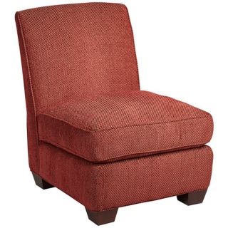 red fabric. Wood feet. 26 wide. 31 deep. 35 high. Seat is 17 high