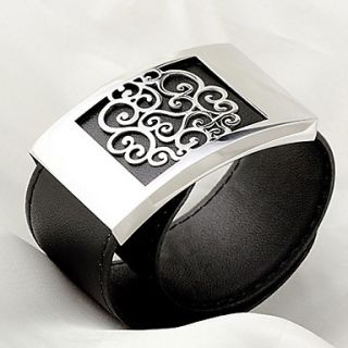 USD $ 17.89   316L Stainless Steel Retro Flower Leather Bangle Cuff