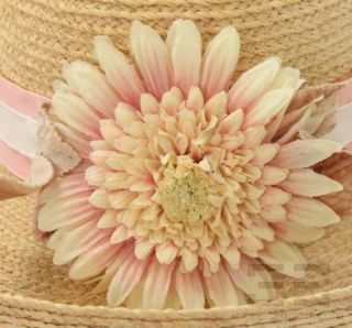 Helen Kaminski Tan Woven Raffia Pink Flower Ribbon Hat