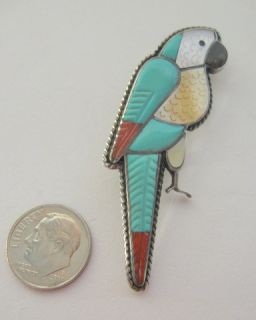 Vintage Zuni Signed Leland Kamasee Parrot Pin Pendant Etched Inlay