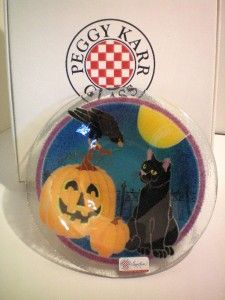 Peggy Karr Fused Glass Halloween Black Cat Pumpkin Bowl