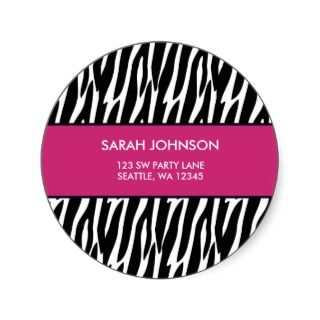 Custom Circle Stickers on Pink And Black Zebra Pattern Custom Address Label Round Stickers