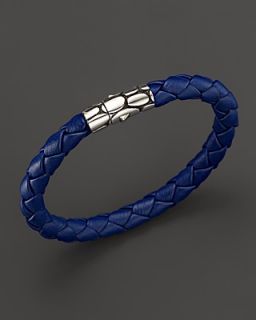 John Hardy Mens Kali Silver Blue Woven Leather Bracelet