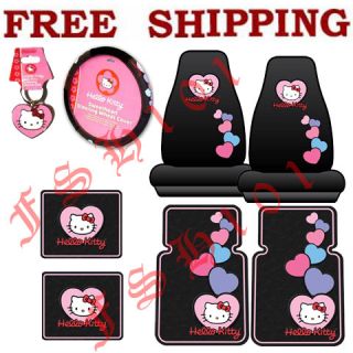 8PC Set Pink Hearts Hello Kitty Seat Covers Steering Wheel Cover Floor