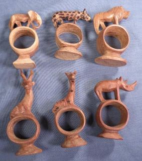 Handcarved Wooden African Animal Figure Napkin Rings from Kenya