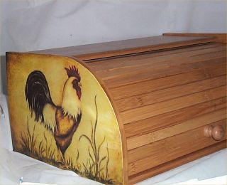 Rooster Bread Box Bamboo Wood Country Farm Kitchen Roll Top Lodge