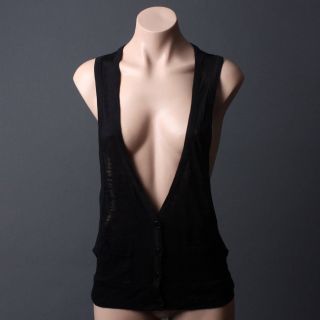 Black Slub Heathered Pocket Casual Vest Knit Top L Size