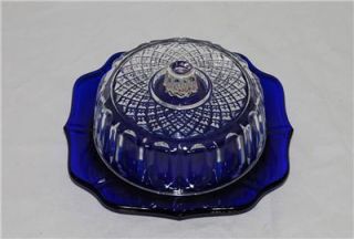 Vtg Cobalt Blue Crystal Kraft Cheese Round Lid Pressed Small Butter