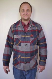 Vintage 1960s Fox Knapp CPO Plaid Wool Warm Shirt Jacket USA Made M