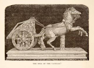 1890 Wood Engraving Biga Chariot Horses Sculpture Ancient Roman