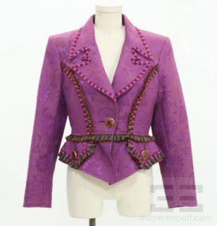 Christian Lacroix Purple Jacquard Plaid Ribbon Trim Jacket Size 40