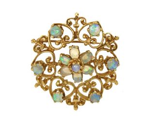 Vintage 14k Gold Fiery Opals Ladies Ornate Pin Brooch