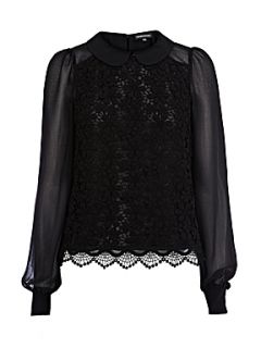 Warehouse Lace front round collar shell top Black   
