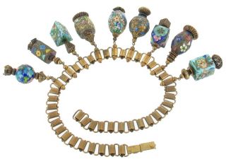 Antique Charm Filigree Necklace Links Cloisonne Champleve Huge Drops