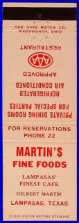 1950s Martins Fine Foods AAA Matchcover Lampasas TX