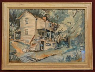Schiavone 1951 WPA Style Watercolor Landscape House Painting