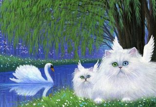 Persian Cats Angel Swan Lake Spring Trees Landscape Original ACEO
