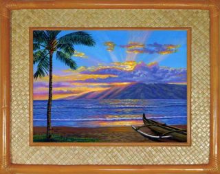 Lahaina Maui Beach Outrigger Sunset Lanai Hawaii Rattan Frame Framed