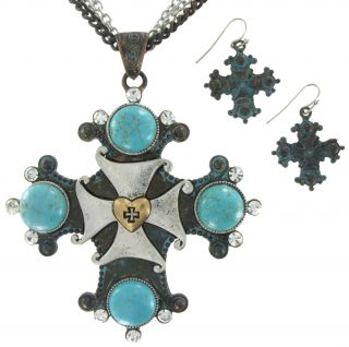 Big Maltese Cross Turquoise Matrix Pendant Necklace Set