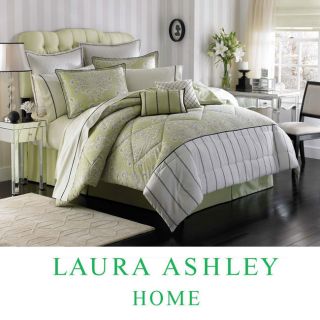 LAURA ASHLEY HOLBECK QUEEN COMFORTER SET & SHEETS GREEN BLACK WHITE