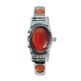 Vintage Orange Cats Eye Stone Silver Cuff Bangle Bracelet Flip Watch
