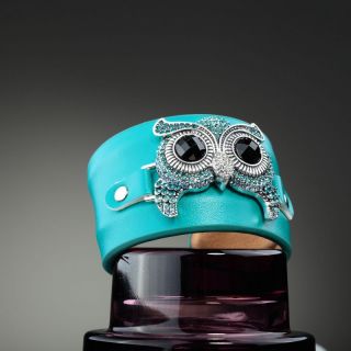 Bendable Rhinestone Owl Leather Cuff Bracelet Turquoise