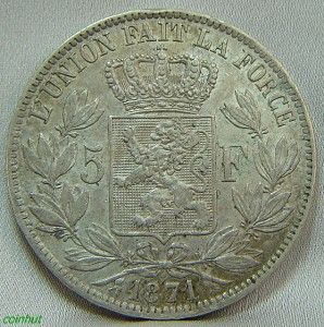 1871 AU 5 Francs Leopold II Belgium Coin COINHUT1023
