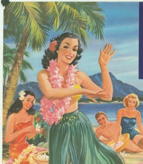 Original Hawaiian Vintage Poster Hula Girl Dancer Waikiki Beach Hawaii