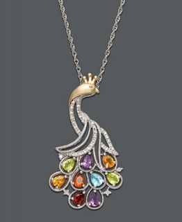 14k Gold and Sterling Silver Necklace, Diamond and Multistone Peacock