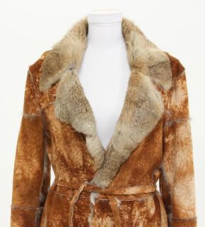 Lili Rose Tan Distressed Patchwork Rabbit Fur Belted Jacket