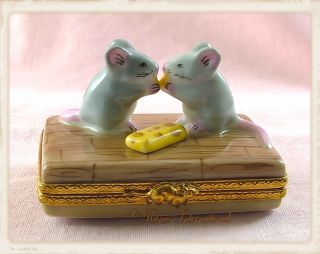 Limoges Porcelain Trinket Box 2 Mice with Cheese New French