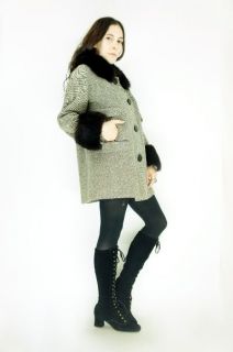 Black Houndstooth Fox Fur Swing Mod Tweed Dress Coat Jacket s M