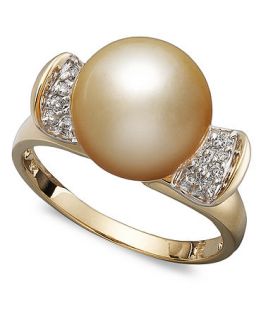 14k Gold Ring, Cultured Golden South Sea Pearl (10 11mm) and Diamond