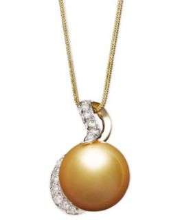 14k Gold Necklace, Cultured Golden South Sea Pearl (13mm) and Diamond