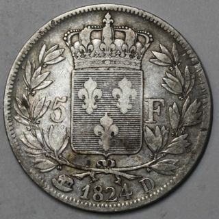 1824 D Louis XVIII France Silver 5 Francs Lyon Mint Last Year Ark