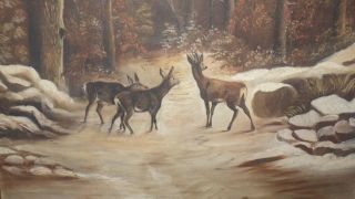 Antique Deer Stag SNOW Oil Painting Long Lake, MICHIGAN Cabin Find 19C
