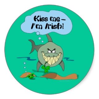 Kiss Me Im Irish Funny Cartoon Shark Rnd Stickers