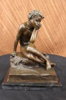 Signed Original Lopes Lonely Boy Bronze Statue Figurine Art Deco