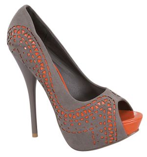 Perforated Cut Out Platform Suede Peep Pumps Gray 7