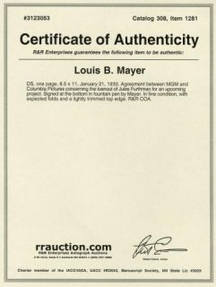LOUIS B. MAYER VINTAGE 1933 ORIGINAL SIGNED MGM COLUMBIA AGREEMENT
