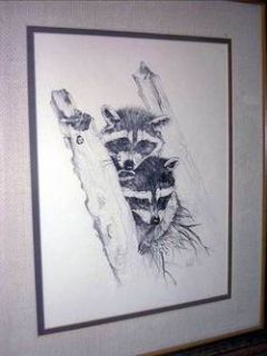 Margaret M Michel Framed Original Watercolor Raccoons