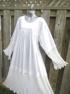 Heirloom White Victorian Nightgown Gown Cotton Poplin Crochet Lace L