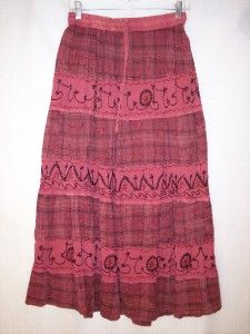 Rust Orange Rayon Embroidery Boho Peasant Hippie Tiered Broomstick
