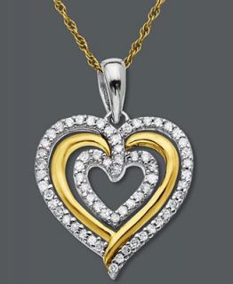Diamond Necklace, 14k Gold and Sterling Silver Diamond Heart Pendant