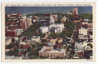 Madison Wi Aerial Town View Looking SE 1940s Postcard State Capitol