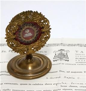Genuine RELIC St. Gerard Majella Reliquary Theca in Ornate Brass Stand