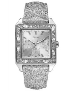 GUESS Watch, Womens Silver Tone Glitter Leather Strap 43mm U0113L1