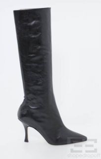 Manolo Blahnik Black Leather Stretch Inset Pointed Toe Boots Size 35