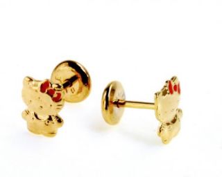 Gold 18K GF Hello Kitty Earrings High Security Childs Girl Birth Gift