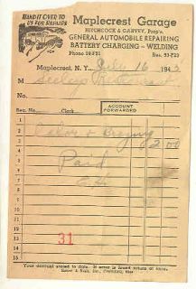 Maplecrest Garage Receipt 1943 NY Vintage Postcard
